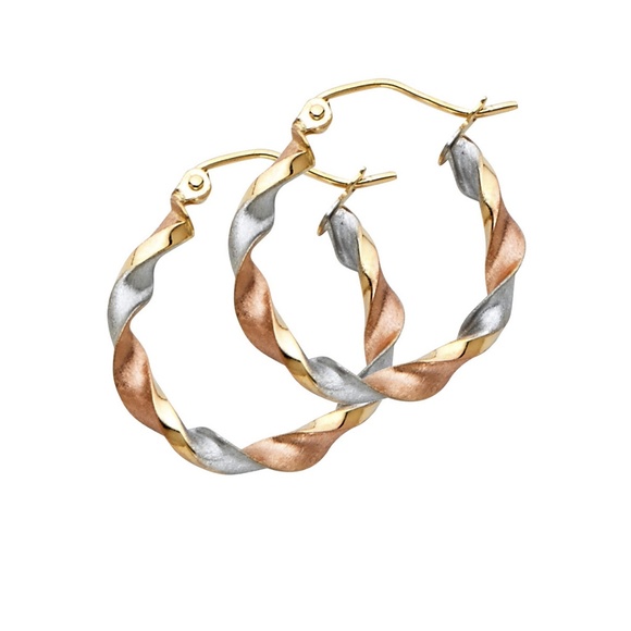 14K Tri Color Curled Hollow Twisted Hoop Earrings